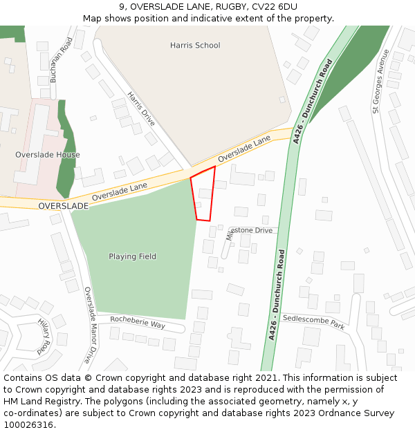 9, OVERSLADE LANE, RUGBY, CV22 6DU: Location map and indicative extent of plot