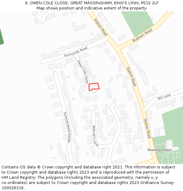 9, OWEN COLE CLOSE, GREAT MASSINGHAM, KING'S LYNN, PE32 2LF: Location map and indicative extent of plot