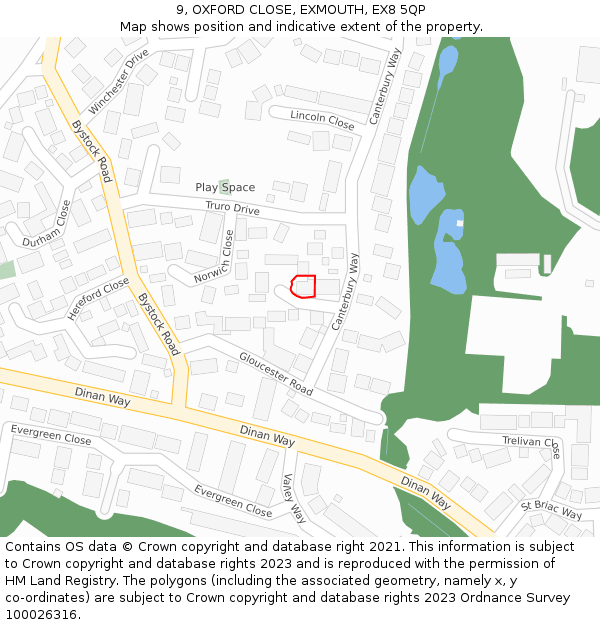 9, OXFORD CLOSE, EXMOUTH, EX8 5QP: Location map and indicative extent of plot