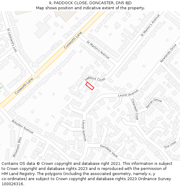 9, PADDOCK CLOSE, DONCASTER, DN5 8JD: Location map and indicative extent of plot