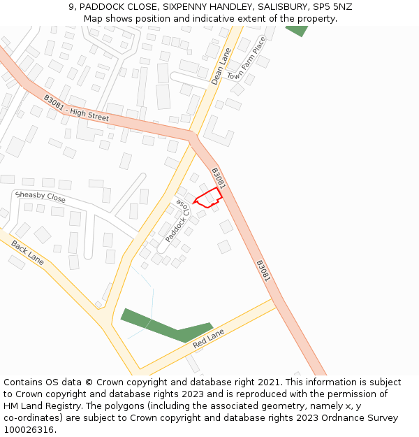 9, PADDOCK CLOSE, SIXPENNY HANDLEY, SALISBURY, SP5 5NZ: Location map and indicative extent of plot