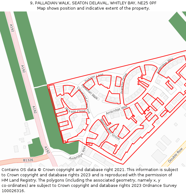 9, PALLADIAN WALK, SEATON DELAVAL, WHITLEY BAY, NE25 0PF: Location map and indicative extent of plot
