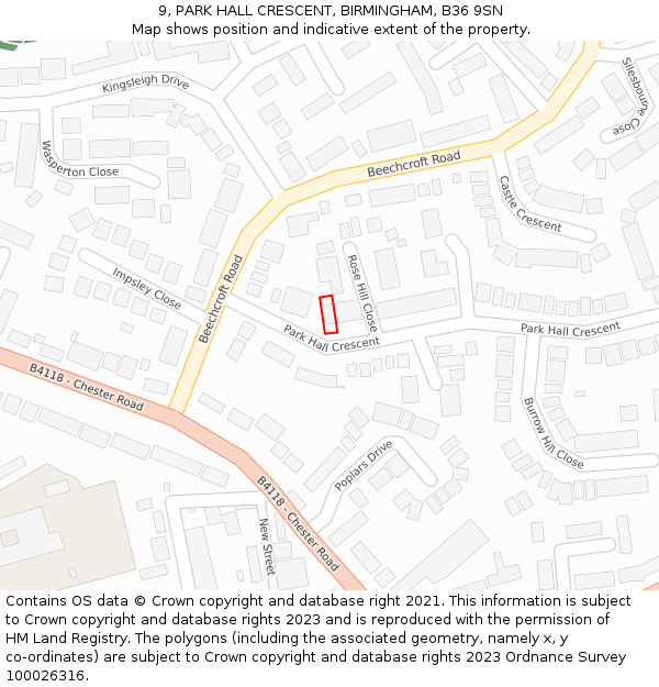 9, PARK HALL CRESCENT, BIRMINGHAM, B36 9SN: Location map and indicative extent of plot