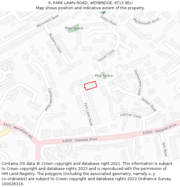 9, PARK LAWN ROAD, WEYBRIDGE, KT13 9EU: Location map and indicative extent of plot