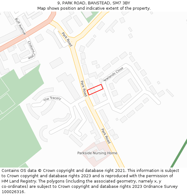 9, PARK ROAD, BANSTEAD, SM7 3BY: Location map and indicative extent of plot