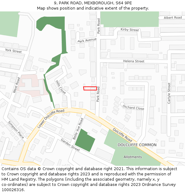 9, PARK ROAD, MEXBOROUGH, S64 9PE: Location map and indicative extent of plot