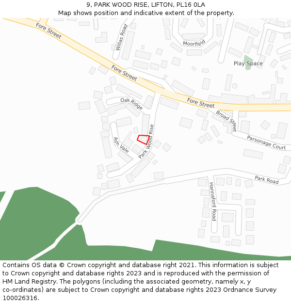 9, PARK WOOD RISE, LIFTON, PL16 0LA: Location map and indicative extent of plot