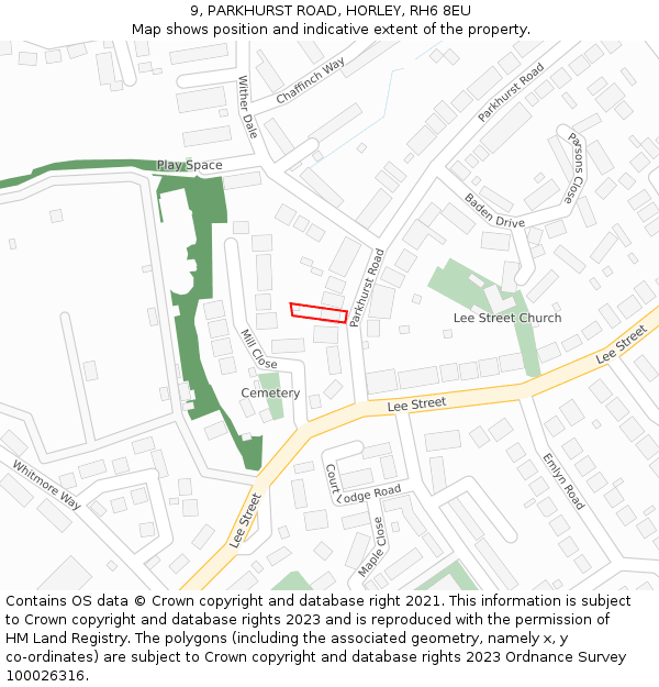 9, PARKHURST ROAD, HORLEY, RH6 8EU: Location map and indicative extent of plot