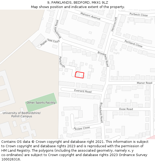 9, PARKLANDS, BEDFORD, MK41 9LZ: Location map and indicative extent of plot