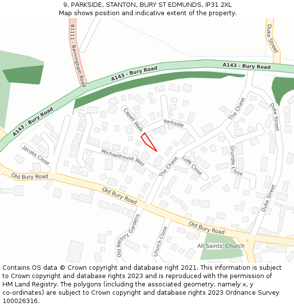 9, PARKSIDE, STANTON, BURY ST EDMUNDS, IP31 2XL: Location map and indicative extent of plot