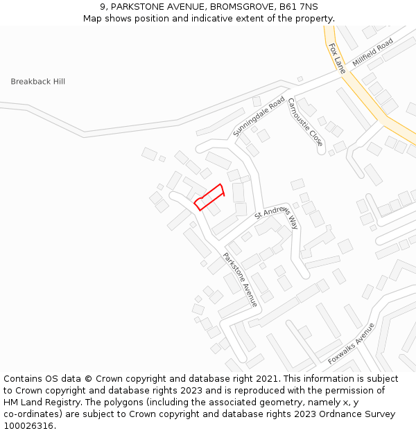 9, PARKSTONE AVENUE, BROMSGROVE, B61 7NS: Location map and indicative extent of plot
