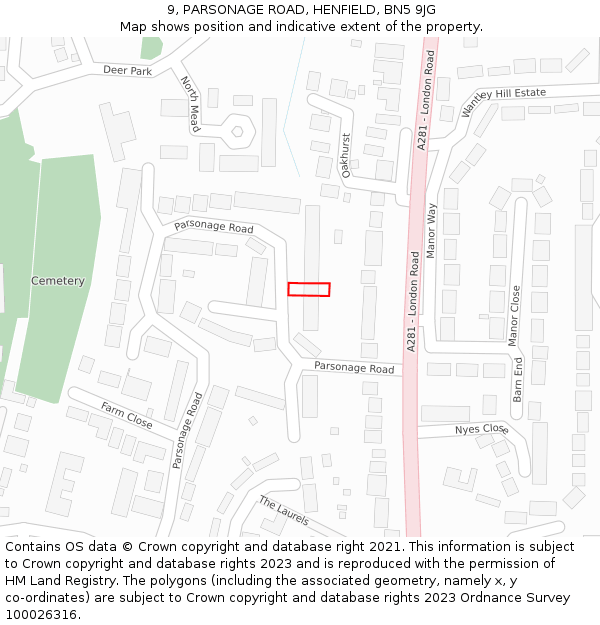 9, PARSONAGE ROAD, HENFIELD, BN5 9JG: Location map and indicative extent of plot