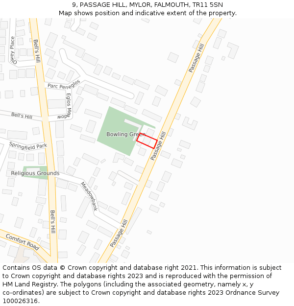 9, PASSAGE HILL, MYLOR, FALMOUTH, TR11 5SN: Location map and indicative extent of plot