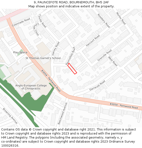 9, PAUNCEFOTE ROAD, BOURNEMOUTH, BH5 2AF: Location map and indicative extent of plot