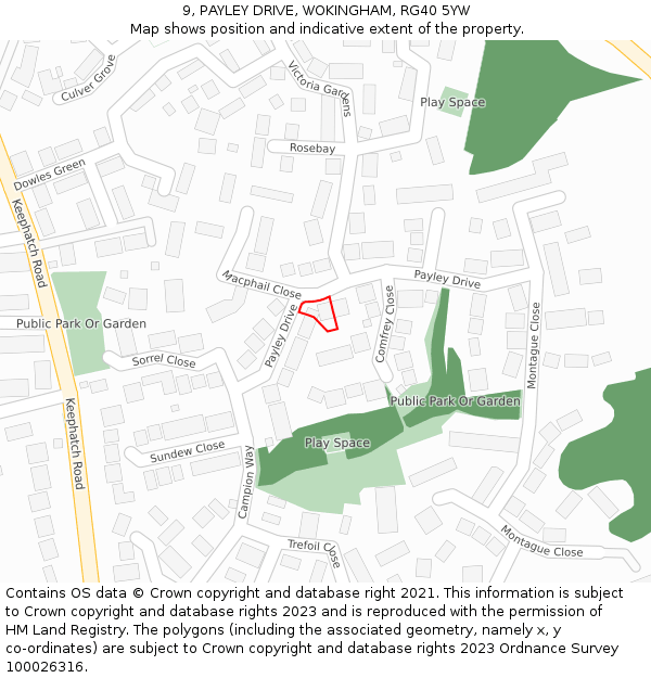 9, PAYLEY DRIVE, WOKINGHAM, RG40 5YW: Location map and indicative extent of plot