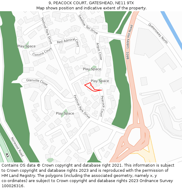 9, PEACOCK COURT, GATESHEAD, NE11 9TX: Location map and indicative extent of plot