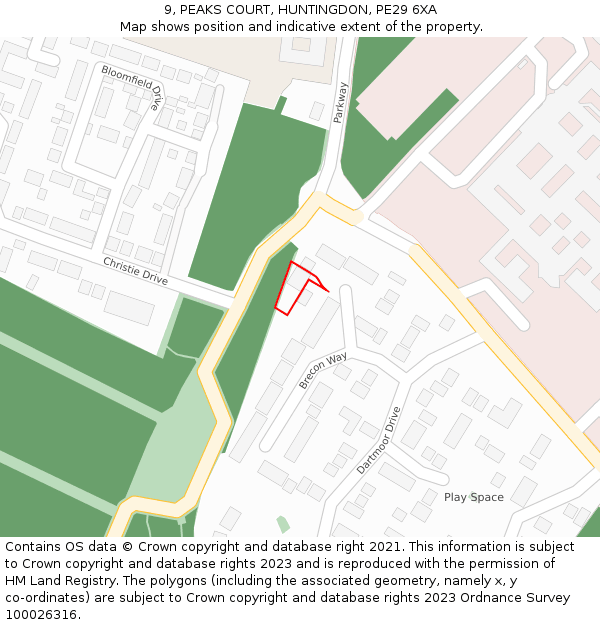 9, PEAKS COURT, HUNTINGDON, PE29 6XA: Location map and indicative extent of plot