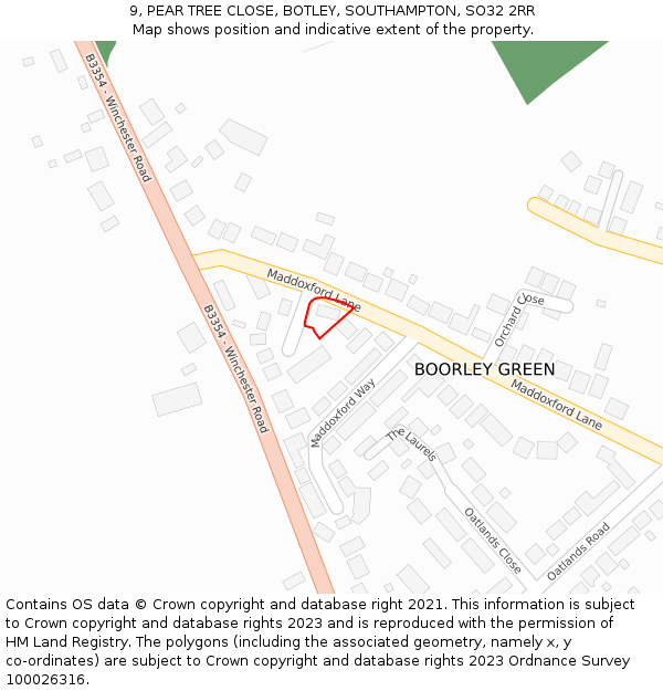 9, PEAR TREE CLOSE, BOTLEY, SOUTHAMPTON, SO32 2RR: Location map and indicative extent of plot