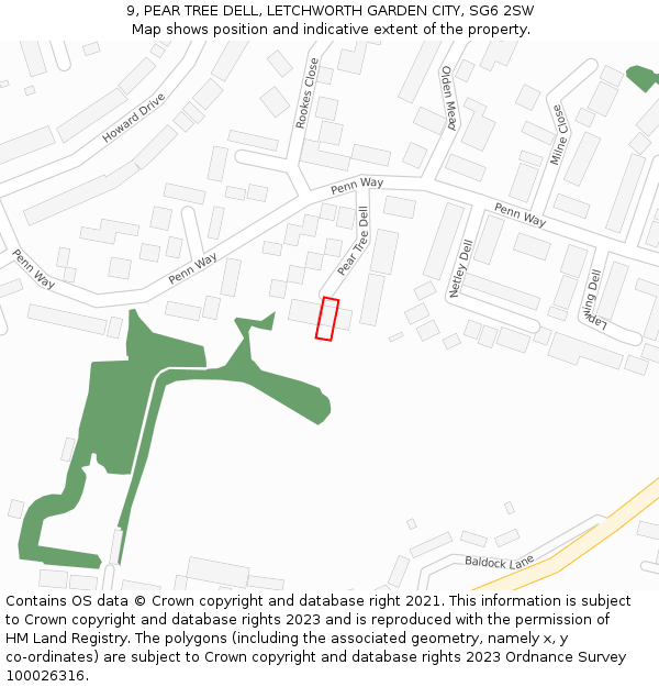 9, PEAR TREE DELL, LETCHWORTH GARDEN CITY, SG6 2SW: Location map and indicative extent of plot