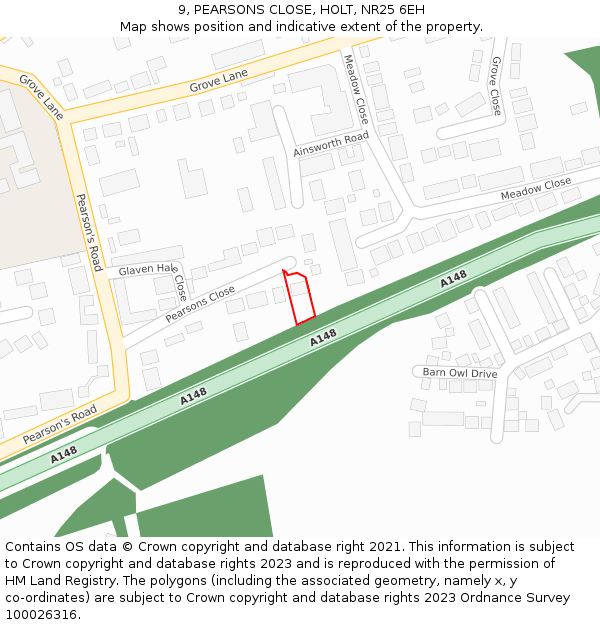 9, PEARSONS CLOSE, HOLT, NR25 6EH: Location map and indicative extent of plot