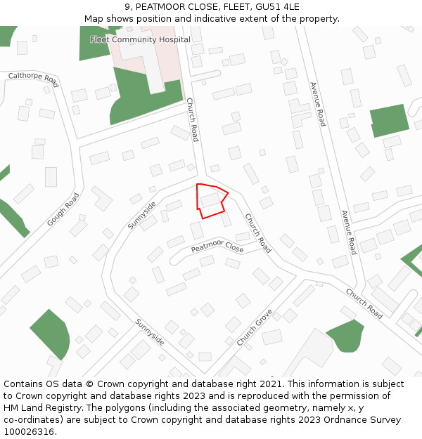 9, PEATMOOR CLOSE, FLEET, GU51 4LE: Location map and indicative extent of plot