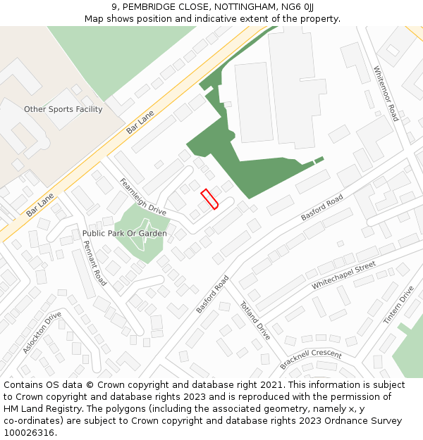 9, PEMBRIDGE CLOSE, NOTTINGHAM, NG6 0JJ: Location map and indicative extent of plot