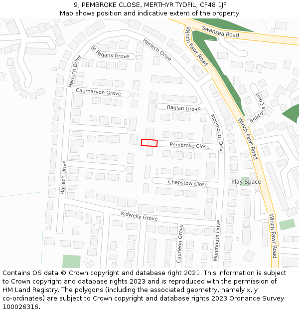 9, PEMBROKE CLOSE, MERTHYR TYDFIL, CF48 1JF: Location map and indicative extent of plot