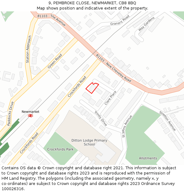 9, PEMBROKE CLOSE, NEWMARKET, CB8 8BQ: Location map and indicative extent of plot