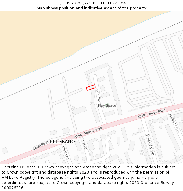 9, PEN Y CAE, ABERGELE, LL22 9AX: Location map and indicative extent of plot