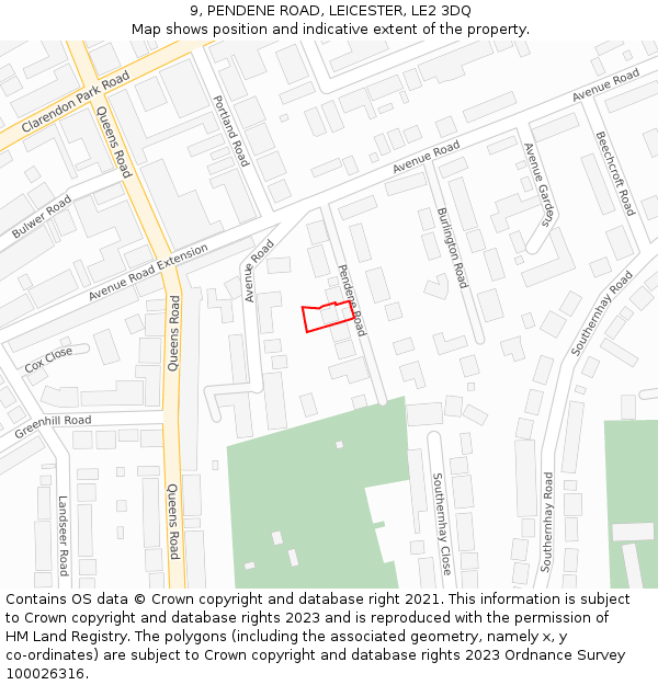 9, PENDENE ROAD, LEICESTER, LE2 3DQ: Location map and indicative extent of plot