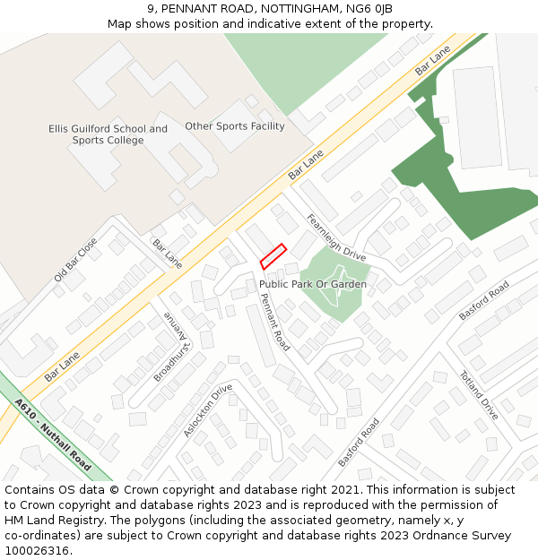 9, PENNANT ROAD, NOTTINGHAM, NG6 0JB: Location map and indicative extent of plot