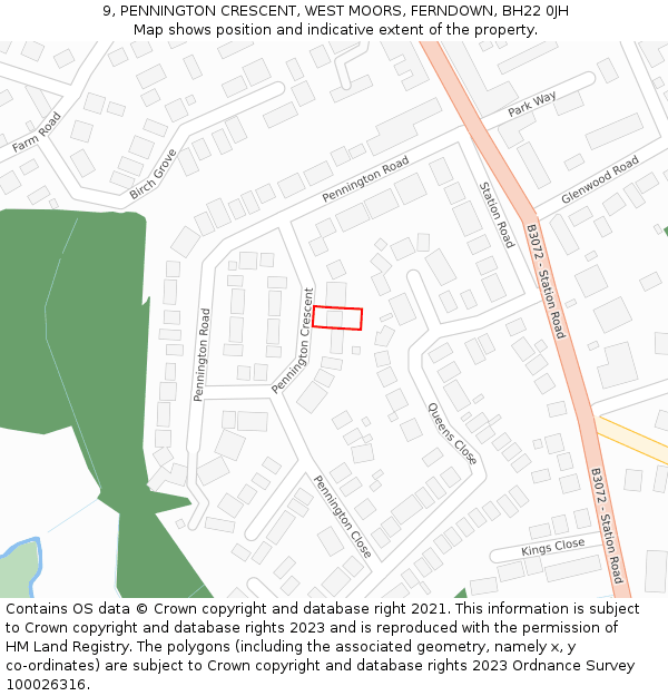 9, PENNINGTON CRESCENT, WEST MOORS, FERNDOWN, BH22 0JH: Location map and indicative extent of plot