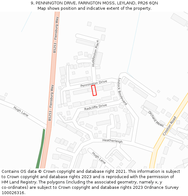 9, PENNINGTON DRIVE, FARINGTON MOSS, LEYLAND, PR26 6QN: Location map and indicative extent of plot