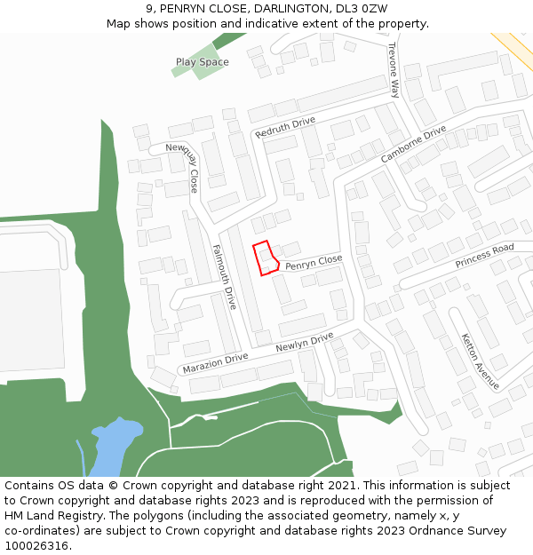 9, PENRYN CLOSE, DARLINGTON, DL3 0ZW: Location map and indicative extent of plot