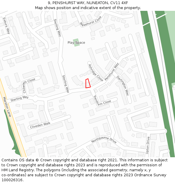 9, PENSHURST WAY, NUNEATON, CV11 4XF: Location map and indicative extent of plot