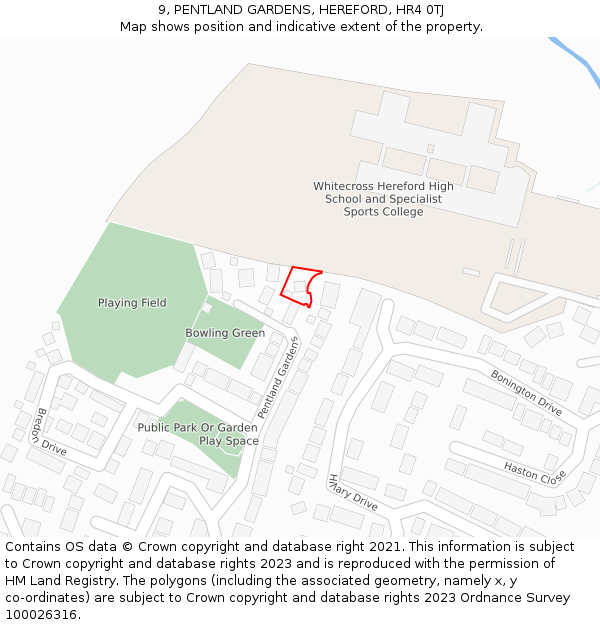 9, PENTLAND GARDENS, HEREFORD, HR4 0TJ: Location map and indicative extent of plot