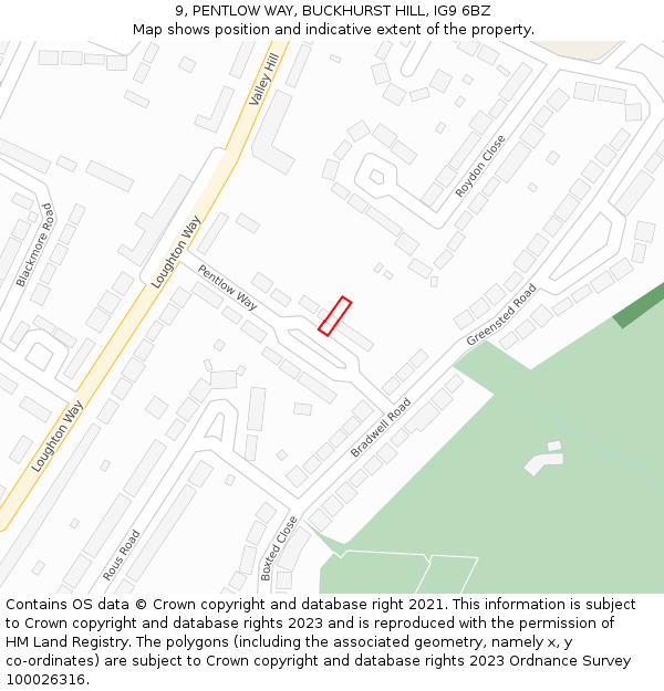 9, PENTLOW WAY, BUCKHURST HILL, IG9 6BZ: Location map and indicative extent of plot