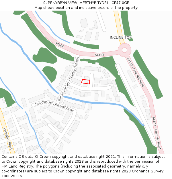 9, PENYBRYN VIEW, MERTHYR TYDFIL, CF47 0GB: Location map and indicative extent of plot