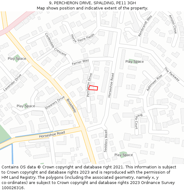 9, PERCHERON DRIVE, SPALDING, PE11 3GH: Location map and indicative extent of plot