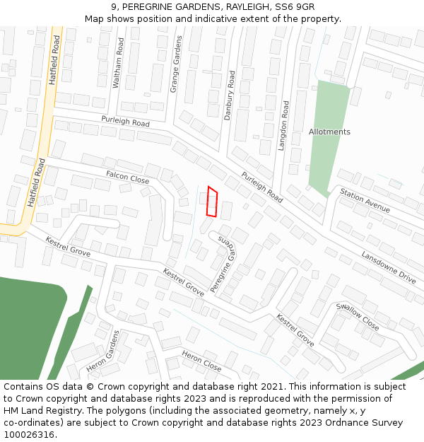 9, PEREGRINE GARDENS, RAYLEIGH, SS6 9GR: Location map and indicative extent of plot