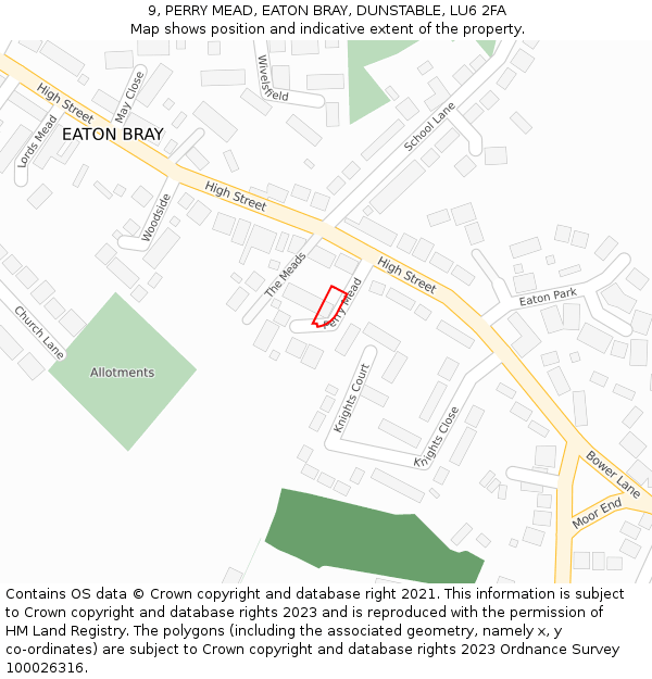 9, PERRY MEAD, EATON BRAY, DUNSTABLE, LU6 2FA: Location map and indicative extent of plot