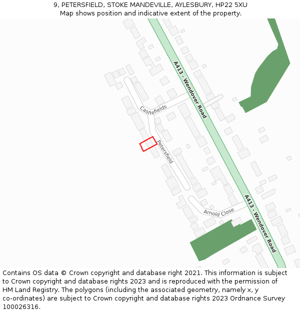 9, PETERSFIELD, STOKE MANDEVILLE, AYLESBURY, HP22 5XU: Location map and indicative extent of plot