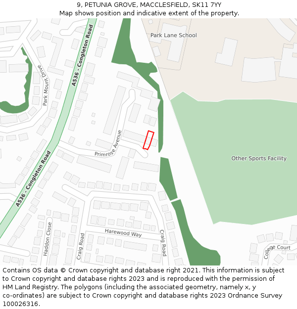 9, PETUNIA GROVE, MACCLESFIELD, SK11 7YY: Location map and indicative extent of plot