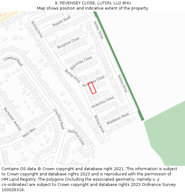 9, PEVENSEY CLOSE, LUTON, LU2 8HU: Location map and indicative extent of plot