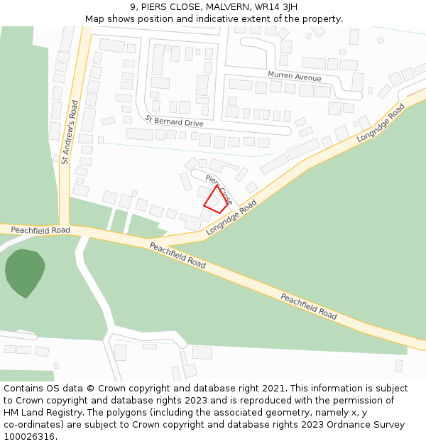 9, PIERS CLOSE, MALVERN, WR14 3JH: Location map and indicative extent of plot