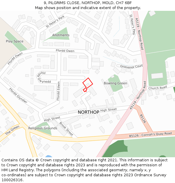 9, PILGRIMS CLOSE, NORTHOP, MOLD, CH7 6BF: Location map and indicative extent of plot