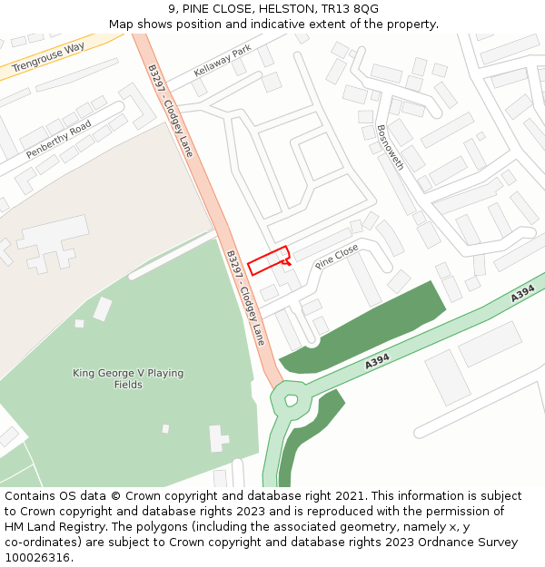 9, PINE CLOSE, HELSTON, TR13 8QG: Location map and indicative extent of plot