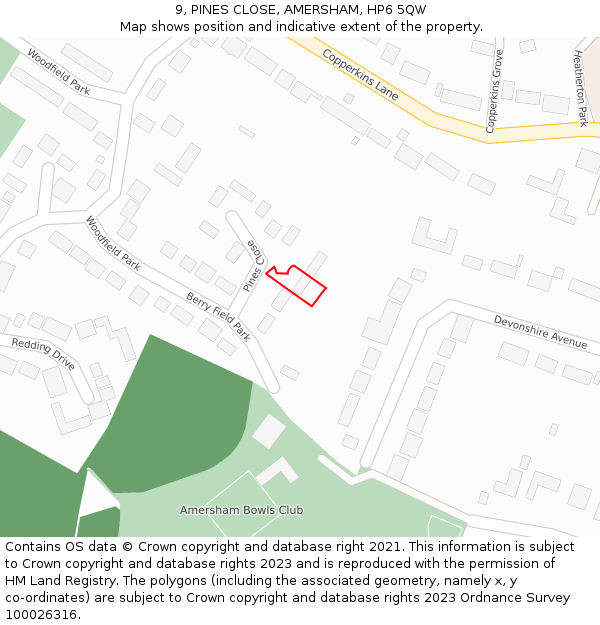 9, PINES CLOSE, AMERSHAM, HP6 5QW: Location map and indicative extent of plot