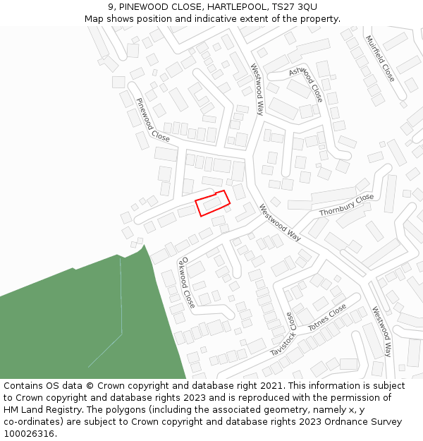 9, PINEWOOD CLOSE, HARTLEPOOL, TS27 3QU: Location map and indicative extent of plot