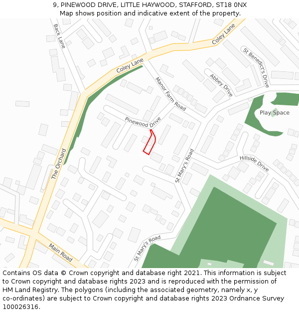 9, PINEWOOD DRIVE, LITTLE HAYWOOD, STAFFORD, ST18 0NX: Location map and indicative extent of plot